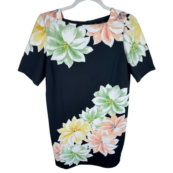 Maison Tara Black Pastel Floral Print Short Sleeve Tea Length Sheath Dress 16W - Picture 1 of 6